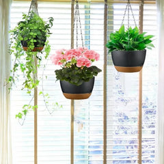 Three hanging plants in black pots with wooden bases in front of a window with blinds.