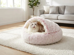A fluffy white cat sits inside a round, plush pink pet bed on a white shag rug in a bright, modern living room with a sofa and plant in the background.
