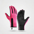 A pair of winter gloves shown front and back on a light gray background. One glove is pink with black trim and a zipper, while the other shows a black textured palm with pink side panels.