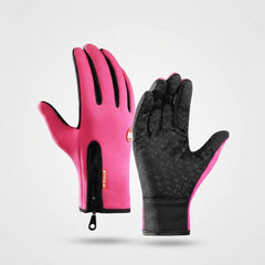 A pair of winter gloves shown front and back on a light gray background. One glove is pink with black trim and a zipper, while the other shows a black textured palm with pink side panels.