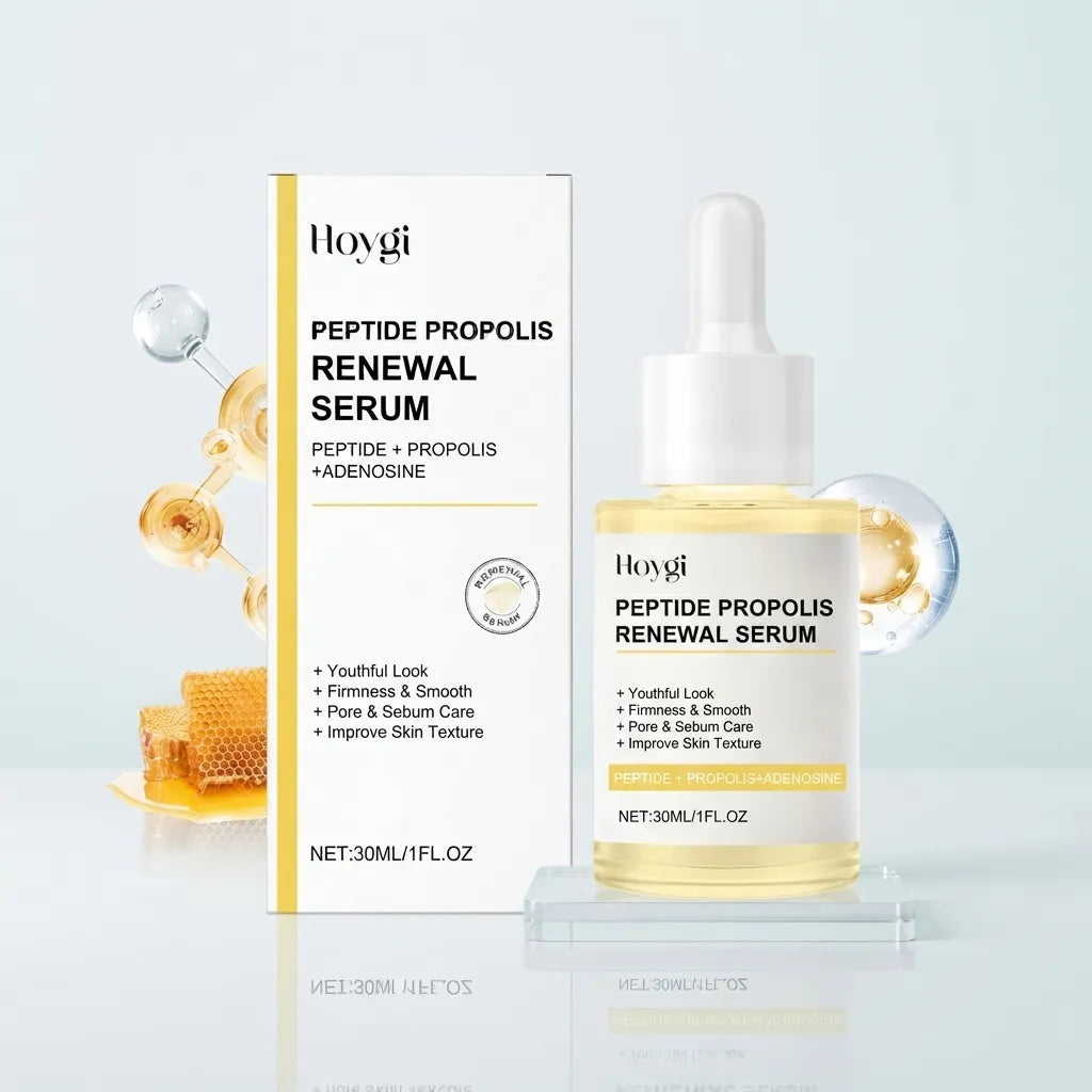 Hoygi Peptide Propolis Renewal Serum shown with its retail box on a clean light background. The product includes a white dropper bottle with pale yellow liquid and a matching white-and-yellow box, with decorative honeycomb and honey droplets as styling props.