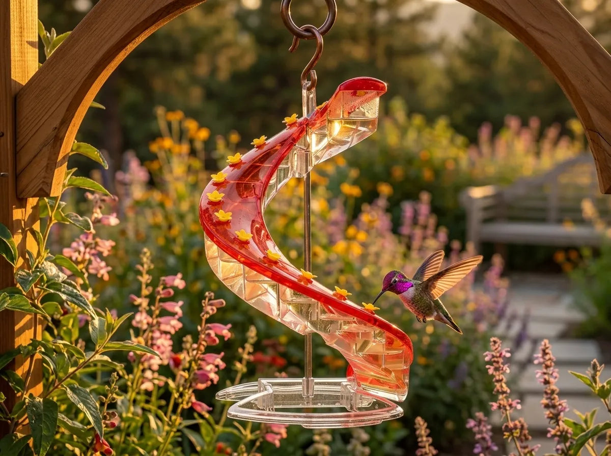 A spiral-shaped clear glass hummingbird feeder with a red inner lining and small yellow flower accents, hanging in a garden with a hummingbird flying nearby.