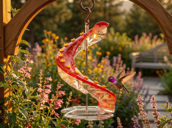 A spiral-shaped clear glass hummingbird feeder with a red inner lining and small yellow flower accents, hanging in a garden with a hummingbird flying nearby.