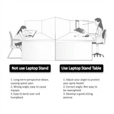 A black and white instructional graphic showing a split desk setup with two illustrated office workers at opposite ends. The left side is labeled 'Not use Laptop Stand' with a list of negative health effects, and the right side is labeled 'Use Laptop Stand Table' with a list of benefits.