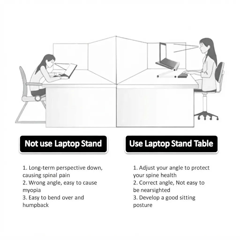 A black and white instructional graphic showing a split desk setup with two illustrated office workers at opposite ends. The left side is labeled 'Not use Laptop Stand' with a list of negative health effects, and the right side is labeled 'Use Laptop Stand Table' with a list of benefits.
