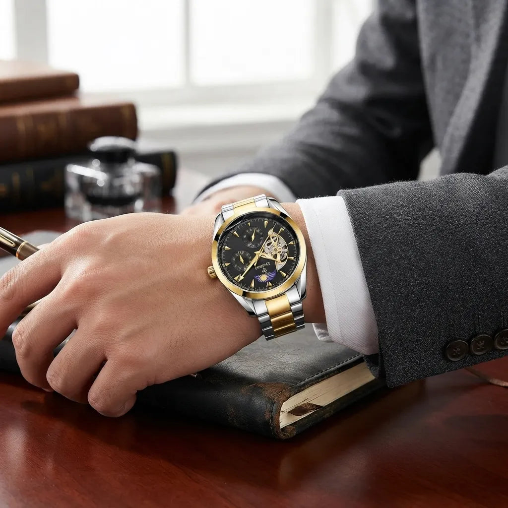 A man wearing a two-tone gold and silver wristwatch with a black dial, resting his hand on a dark leather notebook at a wooden desk.