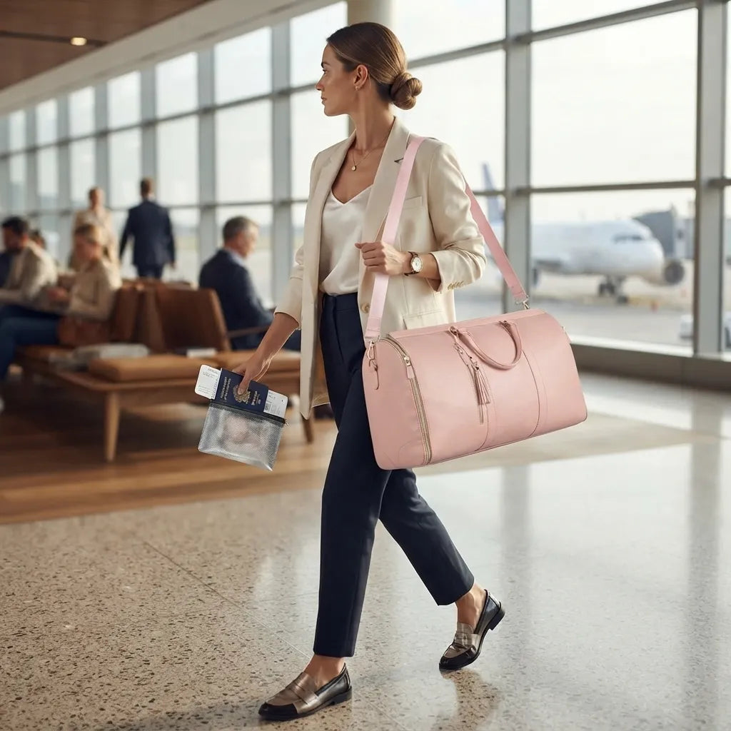 A woman in a beige blazer and navy pants walks through an airport terminal while carrying a light pink leather duffel bag over her shoulder.