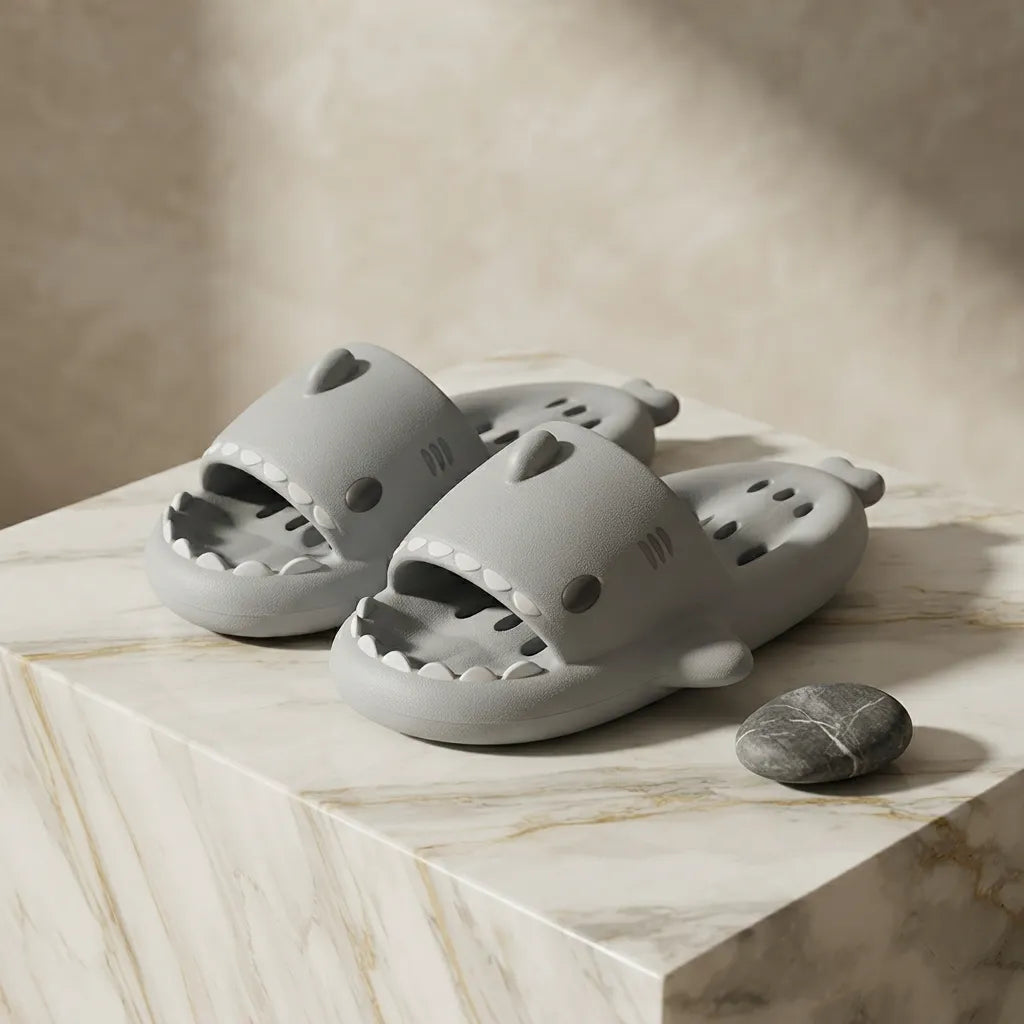 A pair of light gray shark-shaped slide sandals displayed on a beige marble pedestal with a small stone nearby.