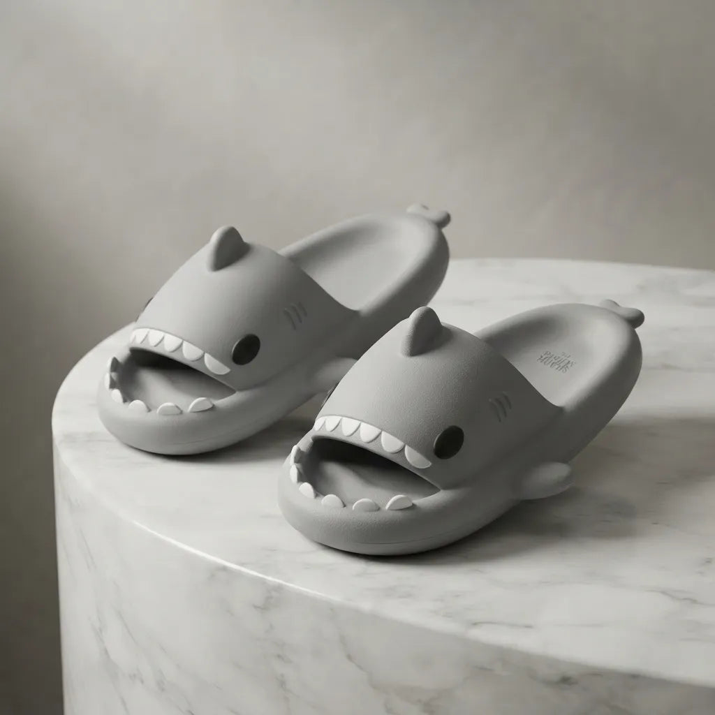 A pair of gray shark-shaped slide sandals displayed on a white marble pedestal against a neutral gray background.