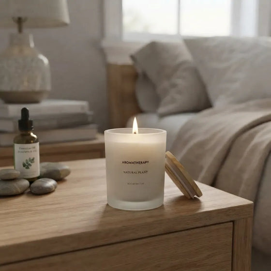 A frosted glass candle with a lit wick sits on a wooden bedside table in a softly lit bedroom. The candle label reads 'AROMATHERAPY NATURAL PLANT.
