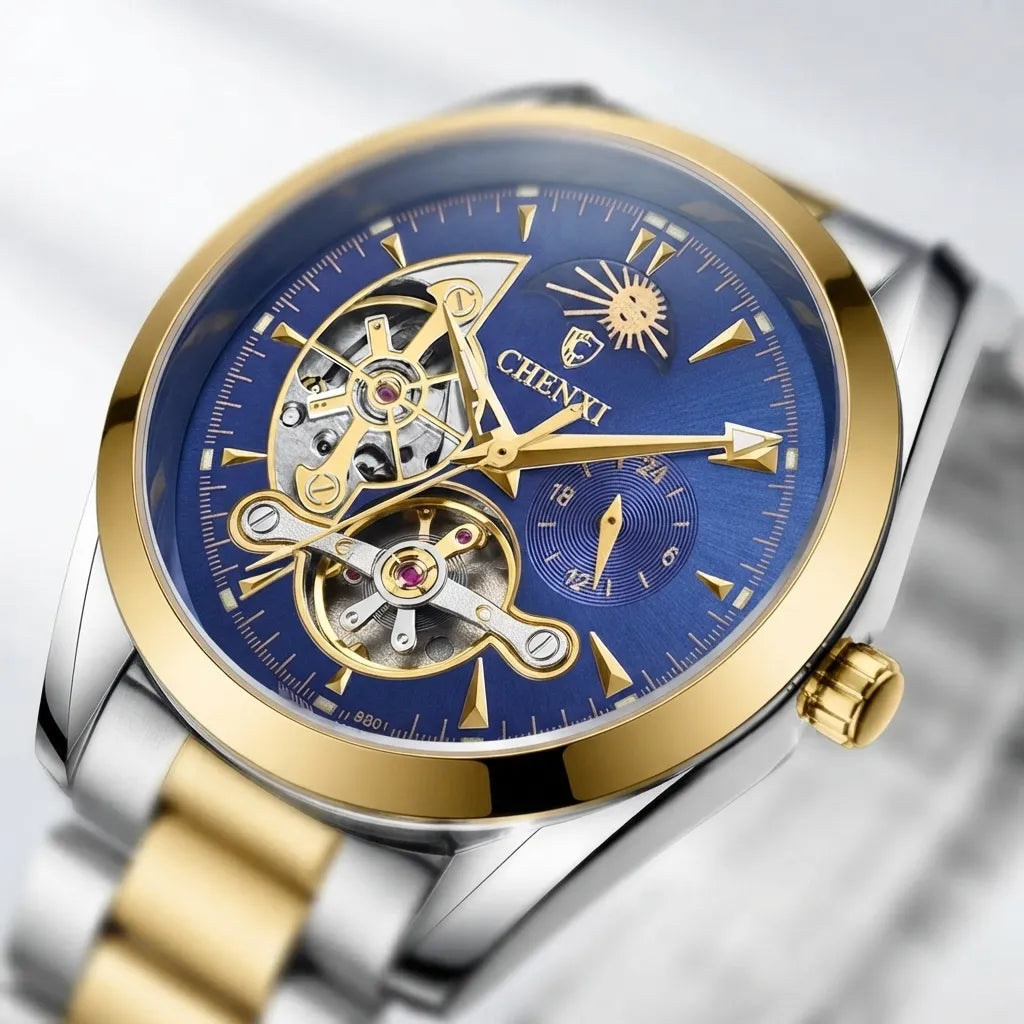 A close-up of a Chiwi skeleton watch with a blue dial, gold-tone case bezel, and two-tone silver and gold metal bracelet.