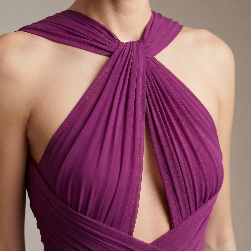 Close-up of a model wearing a draped halter-style top in a rich magenta-purple fabric, showing the intricate crisscross back design and wrap-around front details.