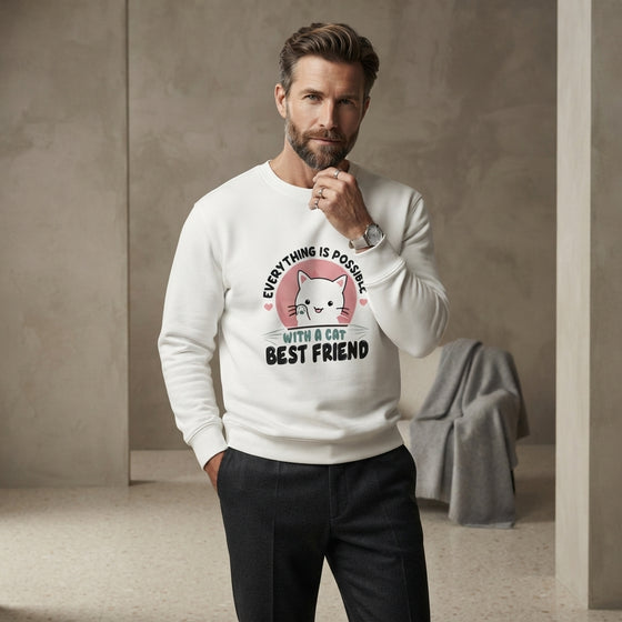 A man wearing a white crewneck sweatshirt with a pink and black cartoon cat graphic and the text 'EVERYTHING IS POSSIBLE WITH A CAT BEST FRIEND'.