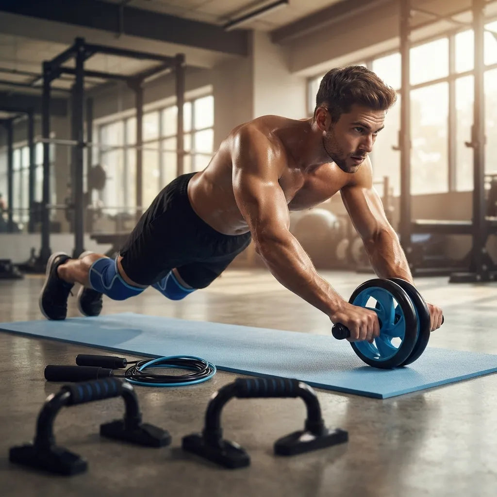 A shirtless man in a gym performing an ab exercise on a blue mat, using an ab wheel with blue and black rims. Push-up handles, a jump rope, and other gym equipment are visible on the floor in the foreground and background.