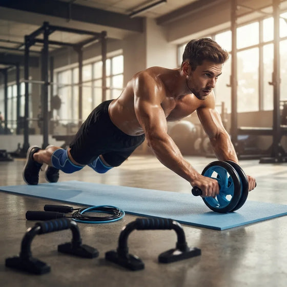 A shirtless man in a gym performing an ab exercise on a blue mat, using an ab wheel with blue and black rims. Push-up handles, a jump rope, and other gym equipment are visible on the floor in the foreground and background.