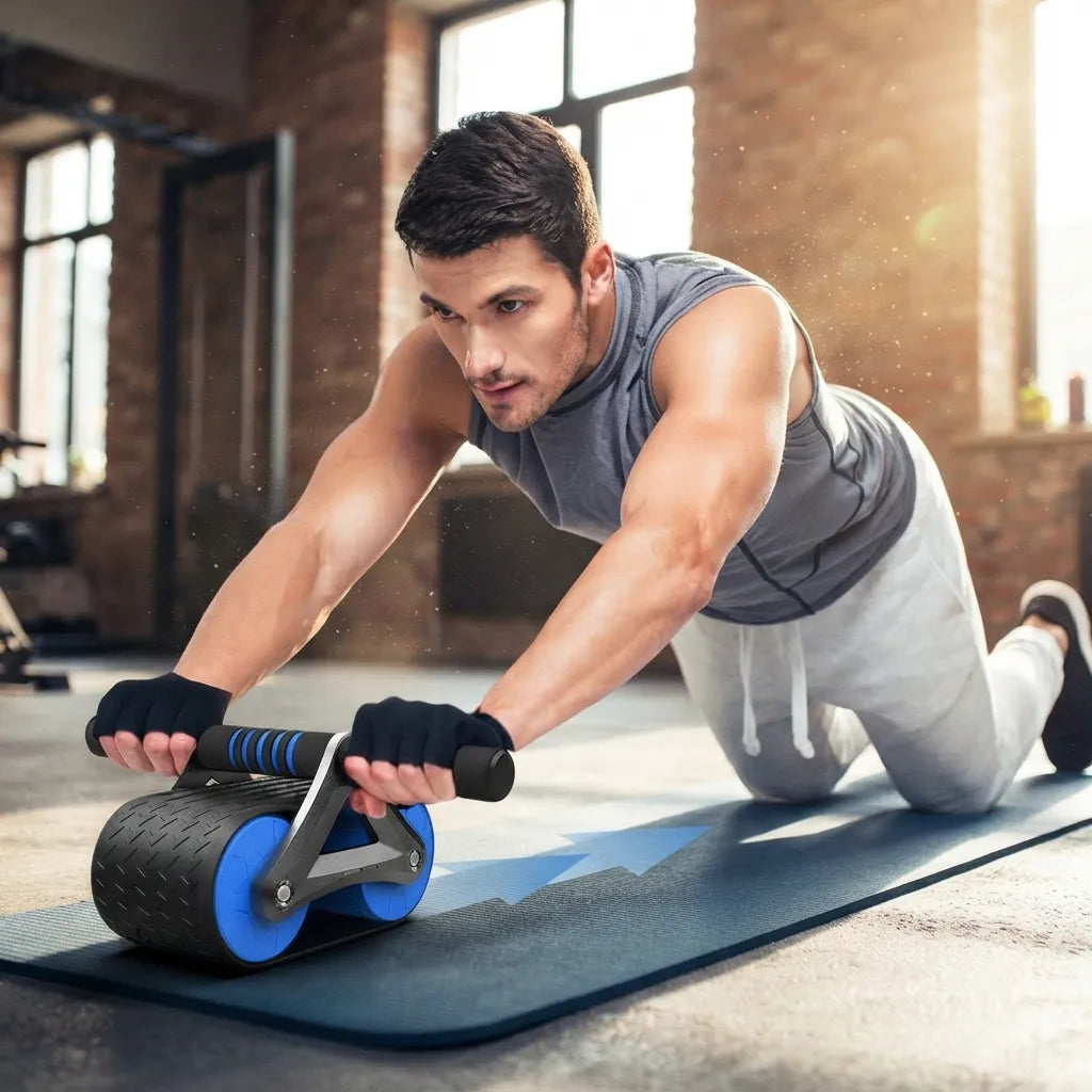 A man in a grey sleeveless shirt and white sweatpants performs an abdominal exercise on a blue exercise mat using a black and blue ab roller wheel in a gym with brick walls.