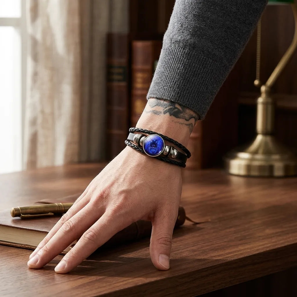 A close-up of a person's hand resting on a wooden desk, wearing a multi-strand black leather bracelet with a central round blue stone and metallic spacer beads.