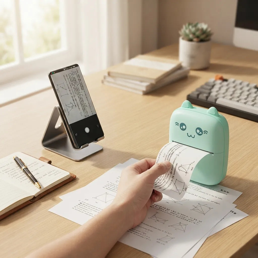 A mint green cartoon-style portable paper roll printer on a wooden desk, with a hand holding the printed paper roll. A smartphone on a stand displays study notes, and an open notebook with a pen lies nearby.