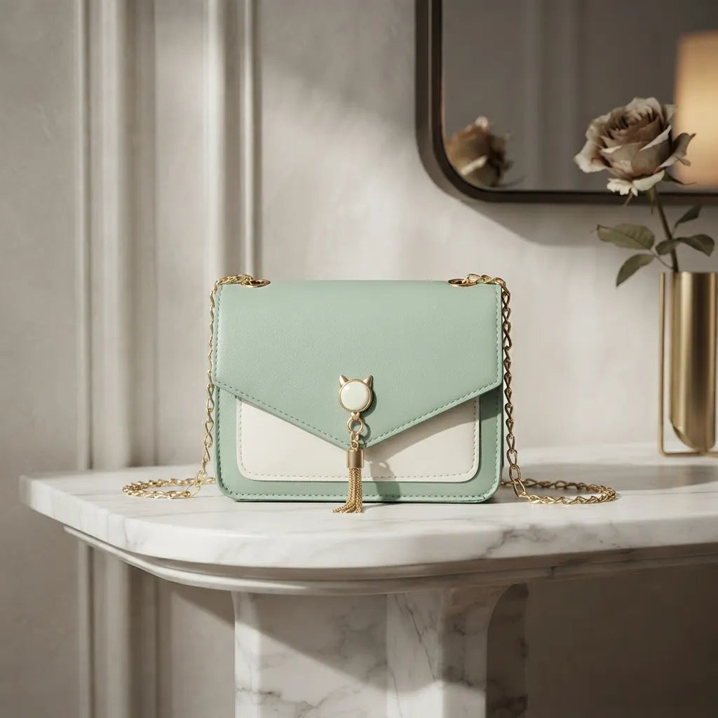 A mint green and white leather shoulder bag with a gold chain strap and a cat-shaped clasp, displayed on a white marble console table in a styled interior setting.