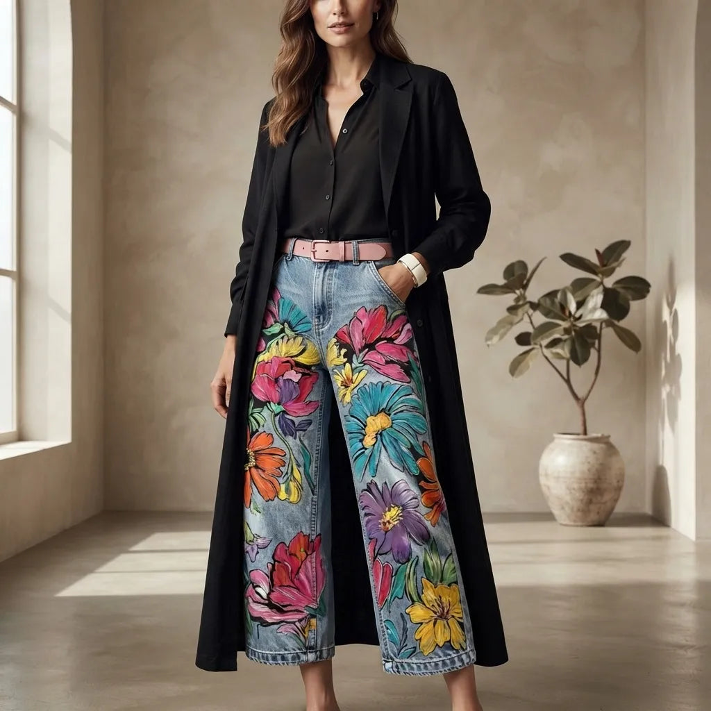 A woman stands in a sunlit room wearing a long black coat over a black blouse, paired with wide-leg denim jeans covered in large colorful floral prints and a pink belt. A potted plant is visible in the background.