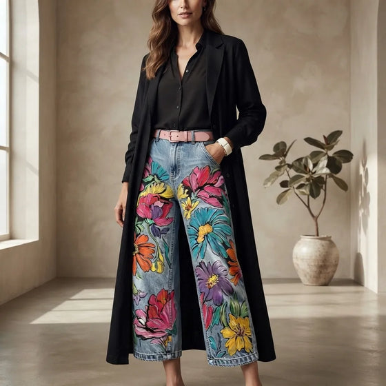 A woman stands in a sunlit room wearing a long black coat over a black blouse, paired with wide-leg denim jeans covered in large colorful floral prints and a pink belt. A potted plant is visible in the background.