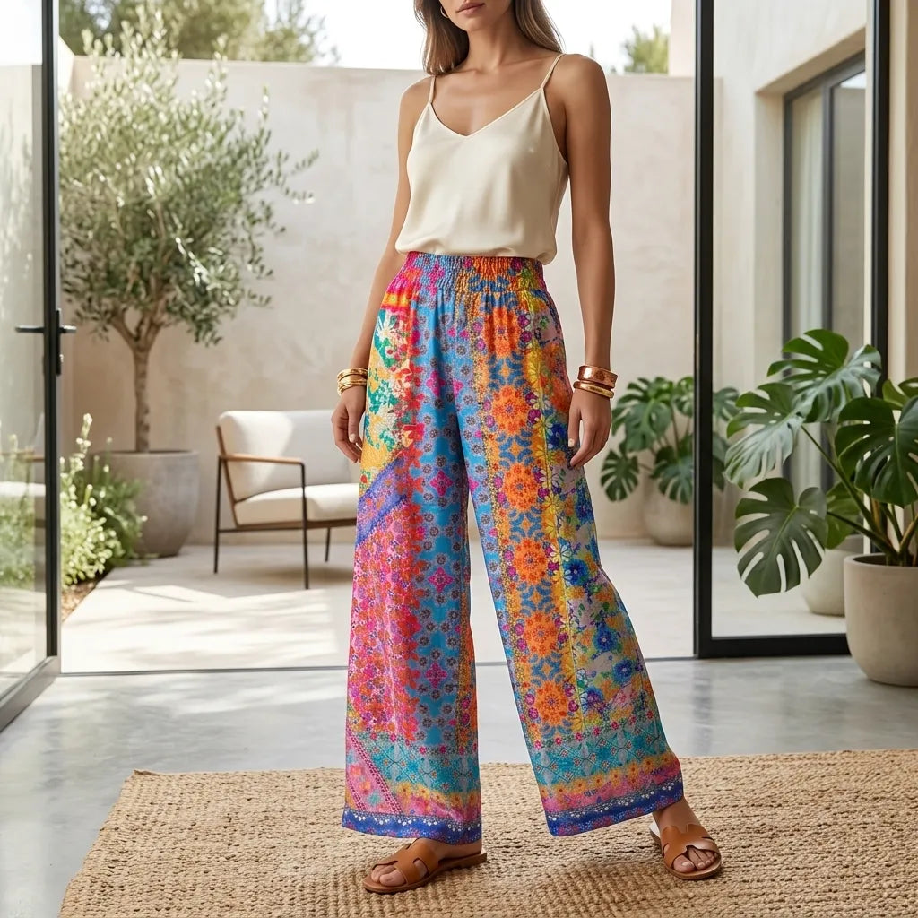 A woman models a pair of vibrant, multicolored wide-leg pants with a floral and geometric pattern, paired with a cream camisole and brown sandals in a modern, sunlit indoor-outdoor space.
