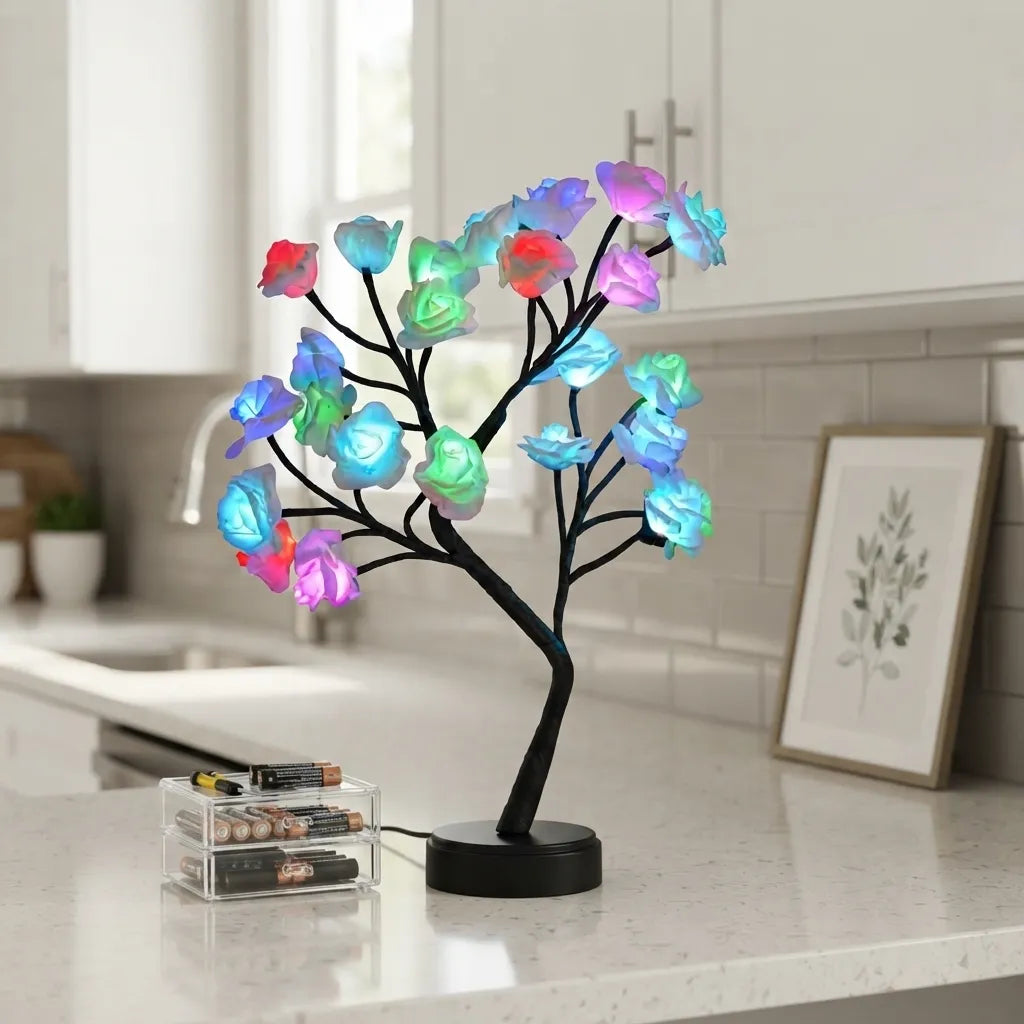 A black tabletop tree lamp with glowing multicolor LED flower lights, placed on a kitchen countertop with cabinets and a framed print in the background.