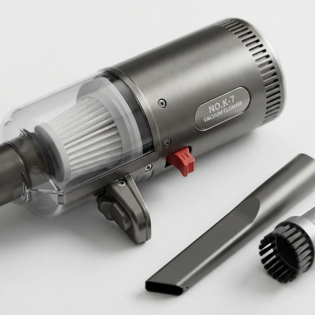 A brushed-metal cordless vacuum cleaner with a transparent dust cup, white filter, red switch, and two detachable attachments on a clean white background.