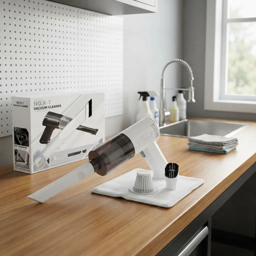 A handheld white and dark gray vacuum cleaner with attachments sits on a white cloth on a wooden kitchen counter, with its retail box behind it and a sink area in the background.