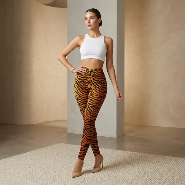 A woman modeling high-waisted tiger-print leggings and a white sports bra in a minimalist beige studio setting.
