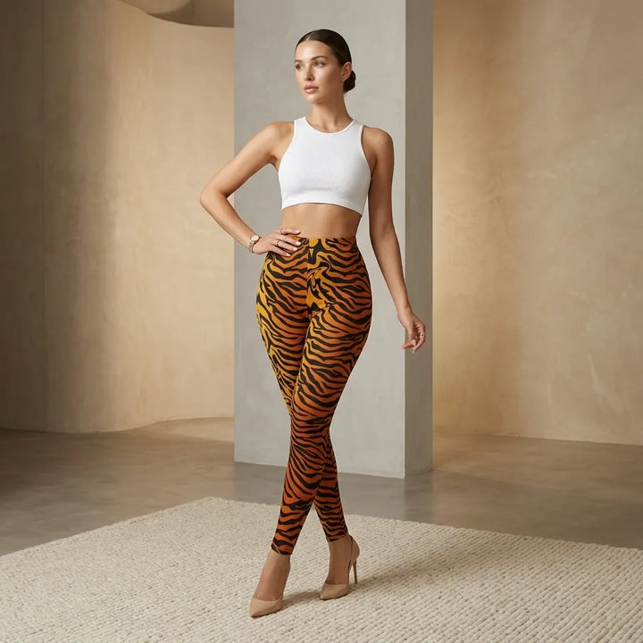 A woman modeling high-waisted tiger-print leggings and a white sports bra in a minimalist beige studio setting.