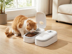 A white dual pet feeder and waterer with an open lid sits on a light wood floor next to an orange and white cat eating dry food, in a bright living room setting.