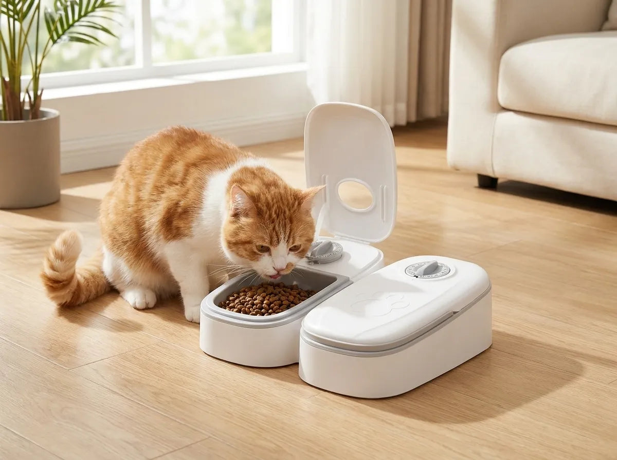 A white dual pet feeder and waterer with an open lid sits on a light wood floor next to an orange and white cat eating dry food, in a bright living room setting.