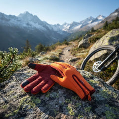 A pair of orange and dark red cycling gloves with a zipper and touchscreen-compatible fingertips, resting on a rocky mountain path with a mountain bike wheel and snowy peaks in the background.