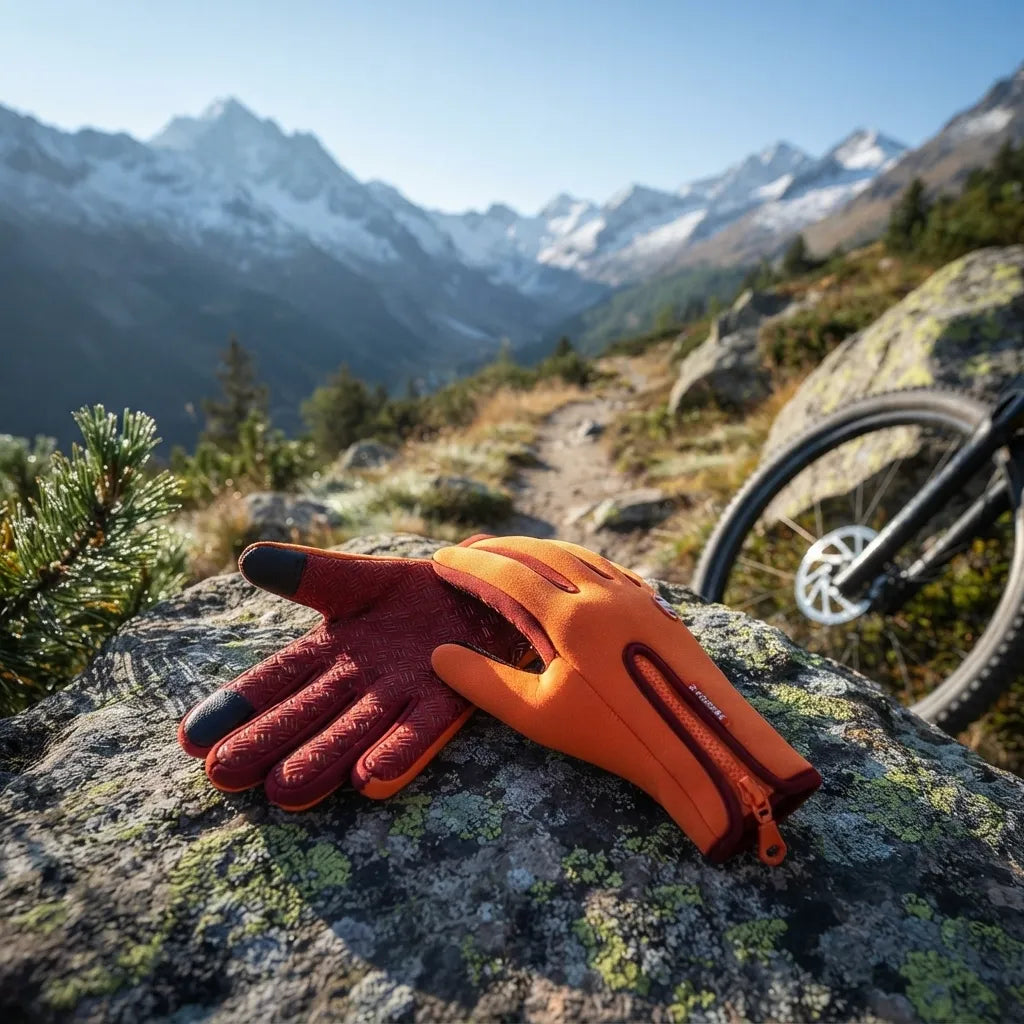 A pair of orange and dark red cycling gloves with a zipper and touchscreen-compatible fingertips, resting on a rocky mountain path with a mountain bike wheel and snowy peaks in the background.