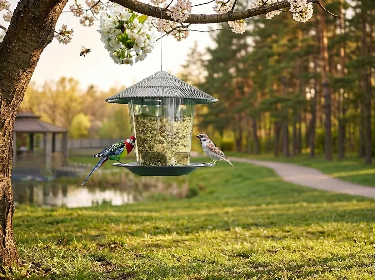 A hanging bird feeder filled with seeds is suspended from a flowering tree branch in a park. Two small birds are perched on the feeder, with a grassy lawn, tree line, and path in the background.