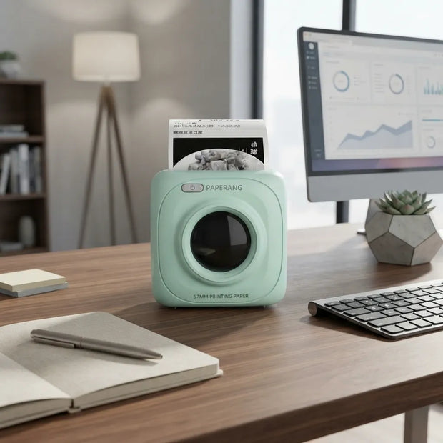 A mint green Lamyar Paper instant printer sits on a wooden desk, printing a card. The desk is styled with a computer monitor, keyboard, notebook, and pen in a bright, modern office setting.