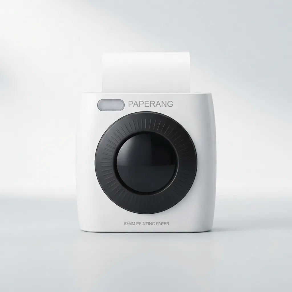 A Paperang instant camera-style printer in white with a large black circular lens area and a sheet of white paper emerging from the top, shown on a clean light gray studio background.