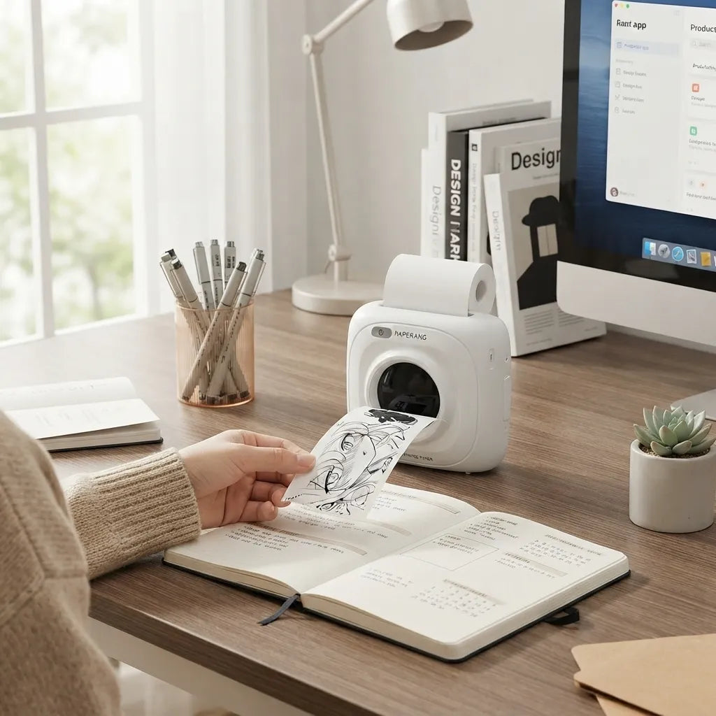 A white HP Pango instant photo printer on a wooden desk, with a hand holding a printed sheet coming out of the slot. The scene includes a computer monitor, books, a lamp, a cup of pens, and a small succulent.