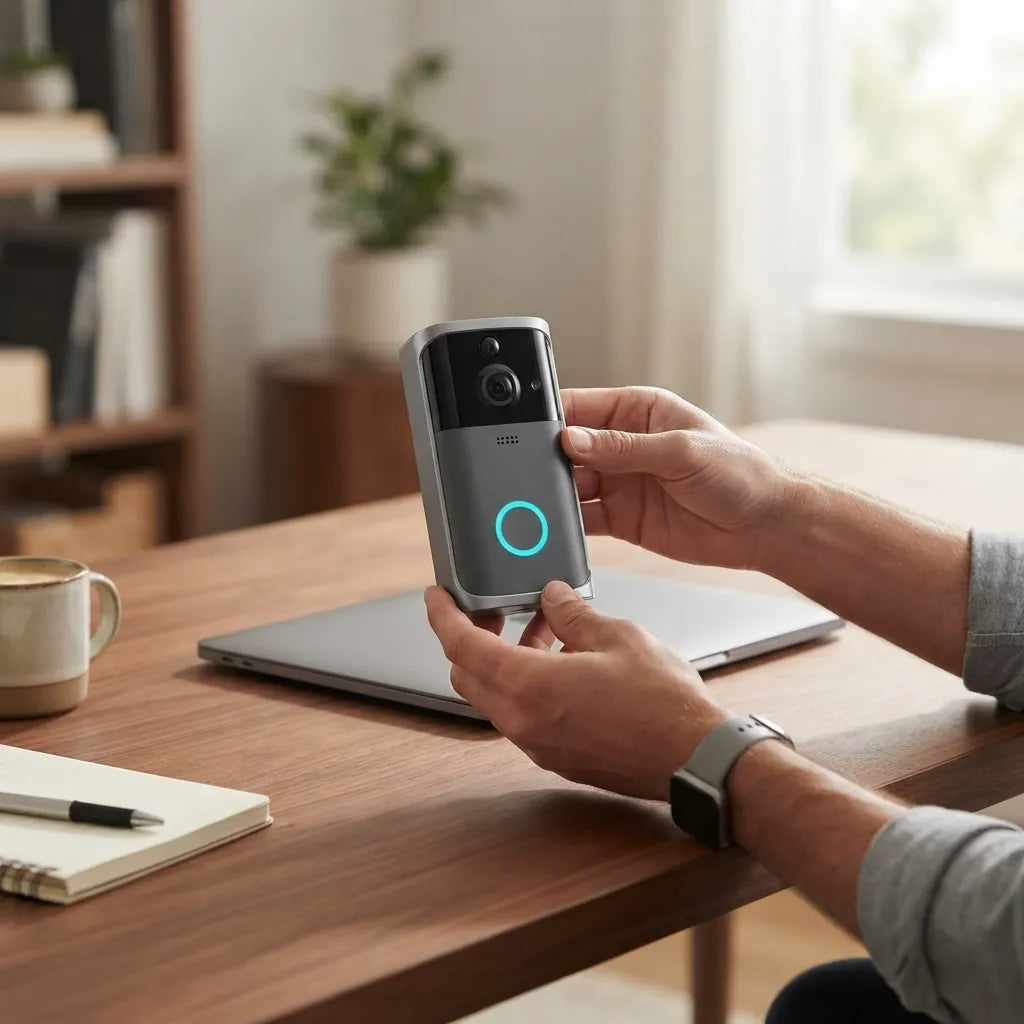 A person holds a smart video doorbell Pro in their hands over a wooden desk, with a laptop, notebook, and coffee cup in the background.