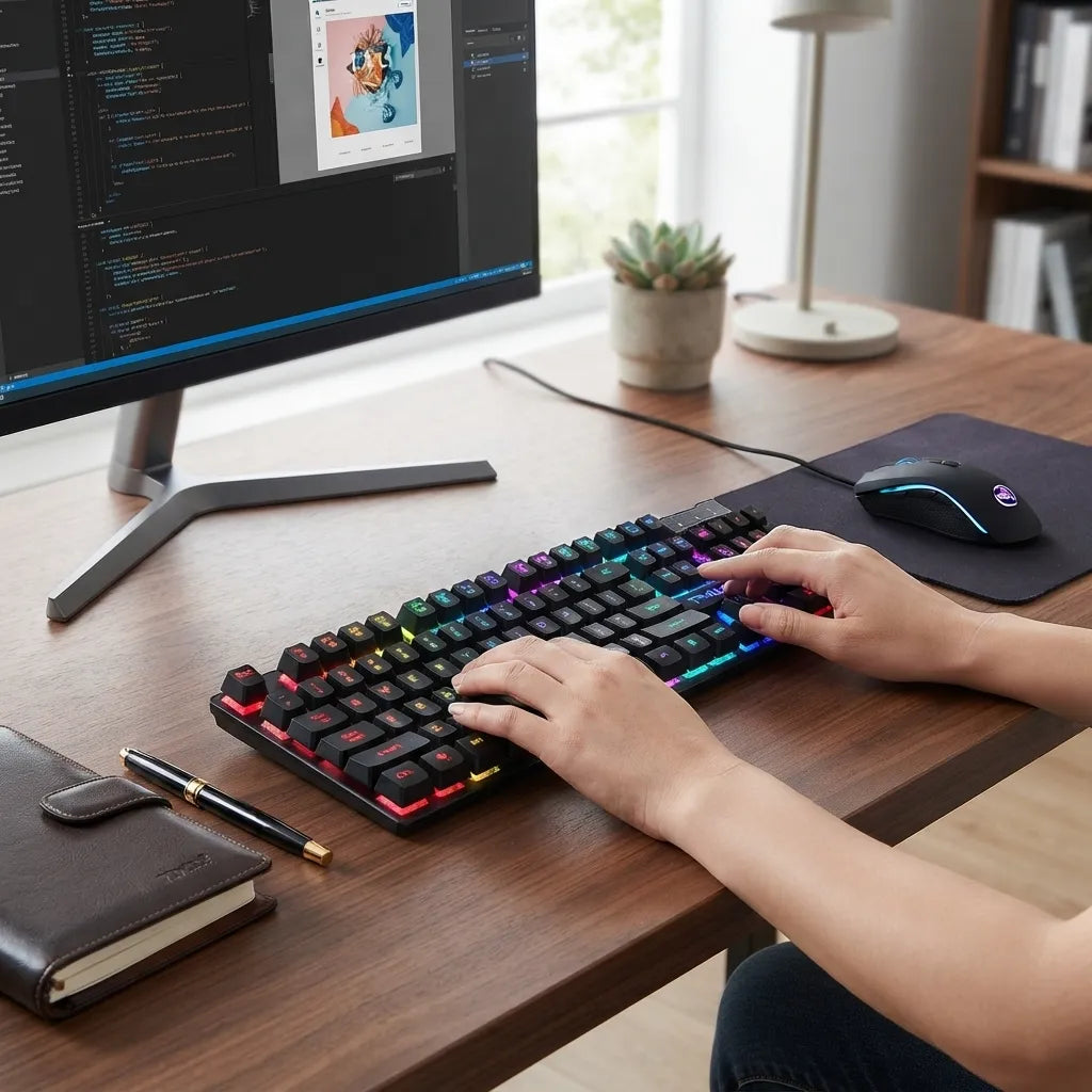 A mechanical keyboard with RGB backlighting is shown on a wooden desk alongside a computer mouse, monitor, notebook, and pen, with a person's hands actively using the keyboard in a bright home office setting.