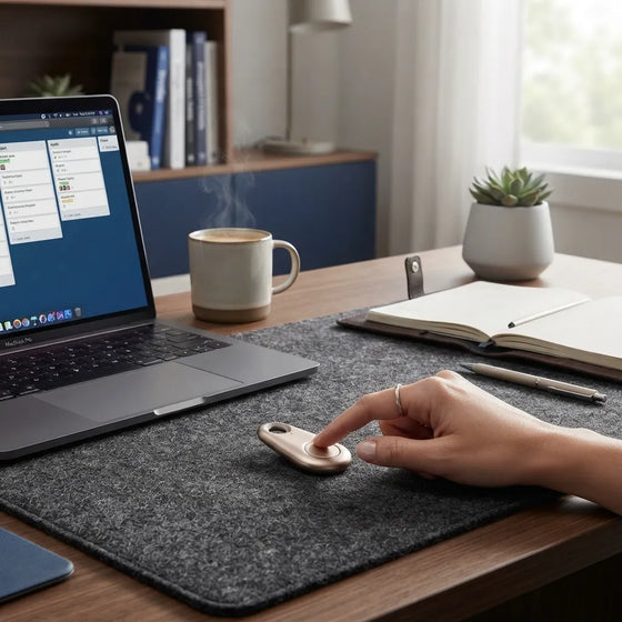 A person's hand rests on a small beige personal alarm lying on a dark gray felt desk mat on a wooden desk, with a laptop, mug, notebook, and plant in a home office setting.