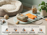 A pet grooming and care companion device set on a tabletop, including a beige and orange grooming brush, an orange power bank connected to the brush, a pet toy, a small plant, and a pet bed in the background. Text at the bottom reads 'THE ULTIMATE PET POWER & CARE COMPANION' with feature icons.