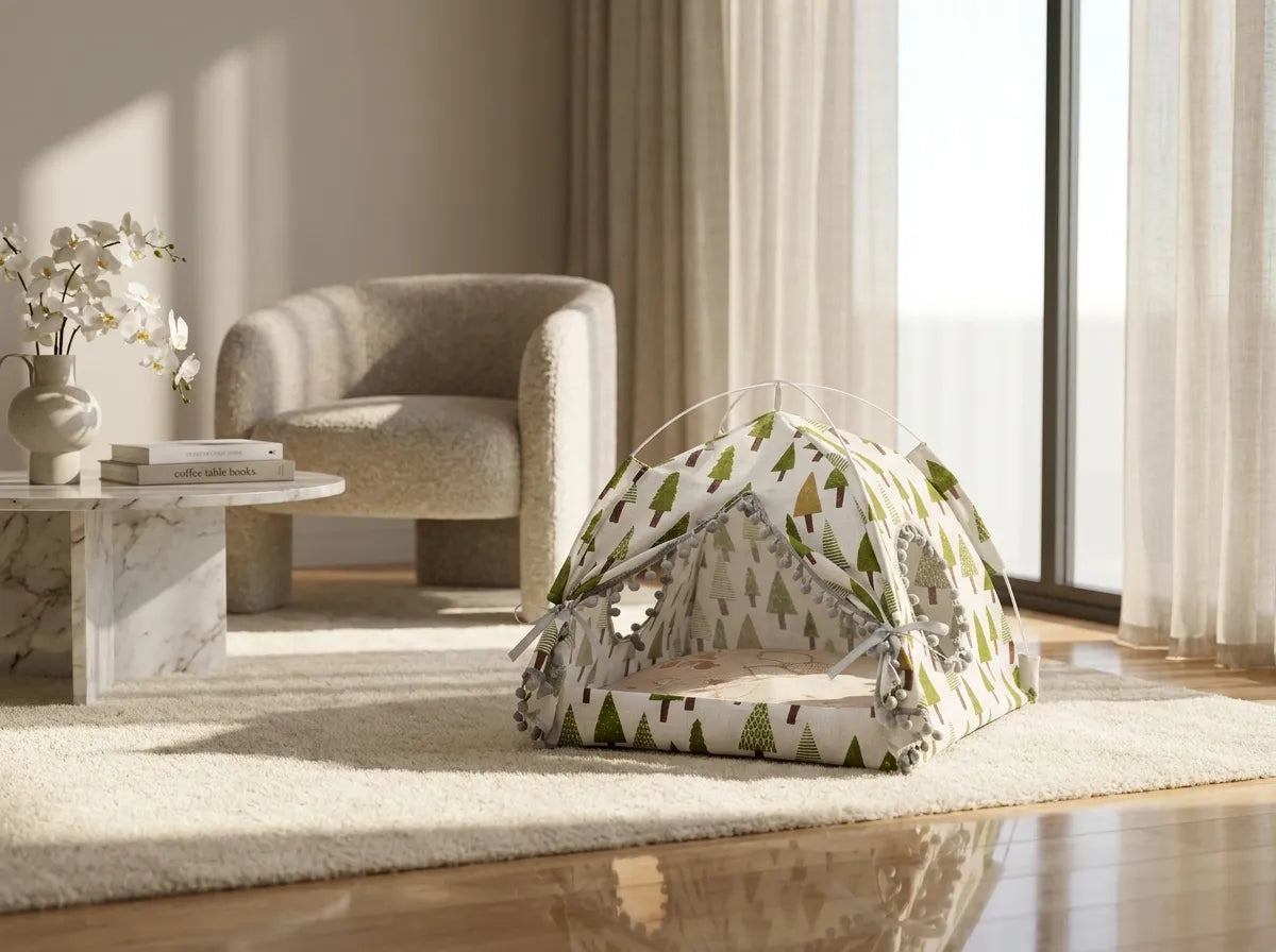 A small dome-style pet bed with a green and white tree pattern sits on a cream rug in a bright, modern living room with a chair, side table, and large window.
