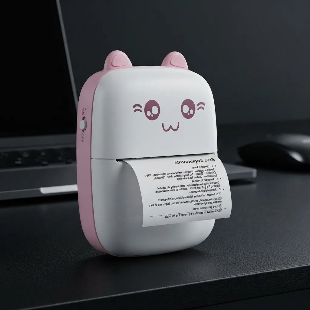 A small portable desktop printer with a cute cat-face design, featuring pink ears and a pink side panel on a white body. A sheet of paper is emerging from the printer, which is placed on a dark desk next to a laptop and mouse.