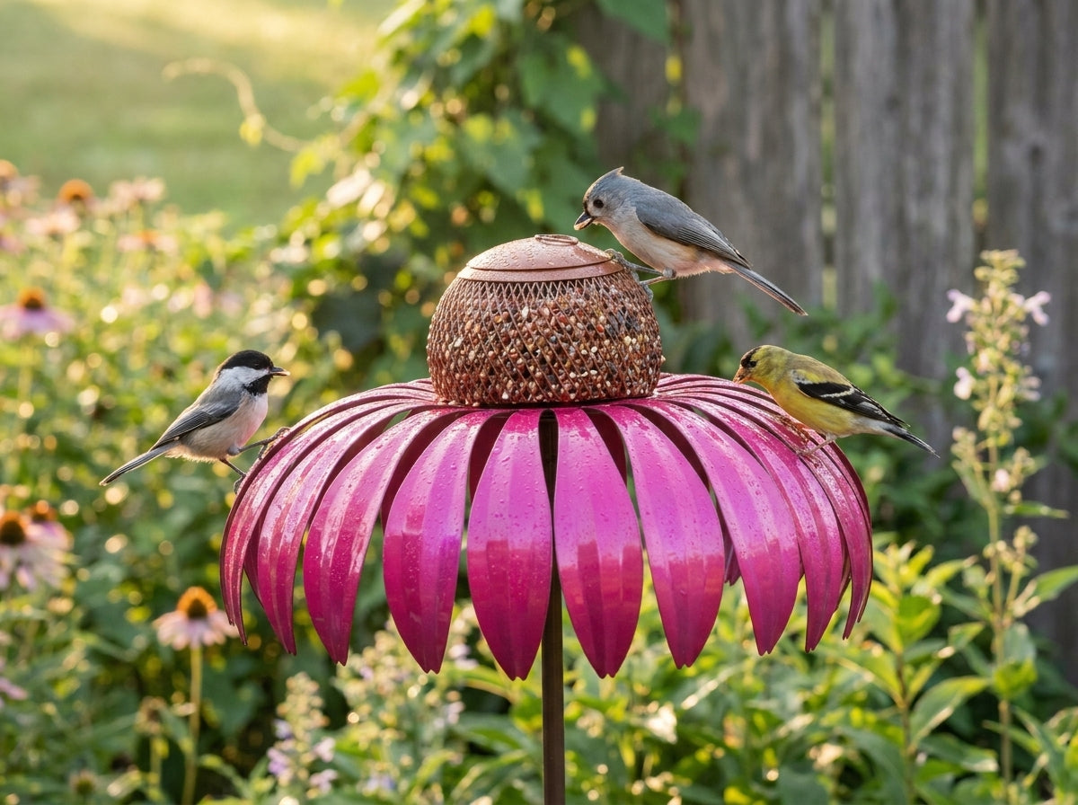 A pink flower-shaped bird feeder with a seed-filled top, surrounded by three small birds in a garden setting with blurred green foliage and flowers.
