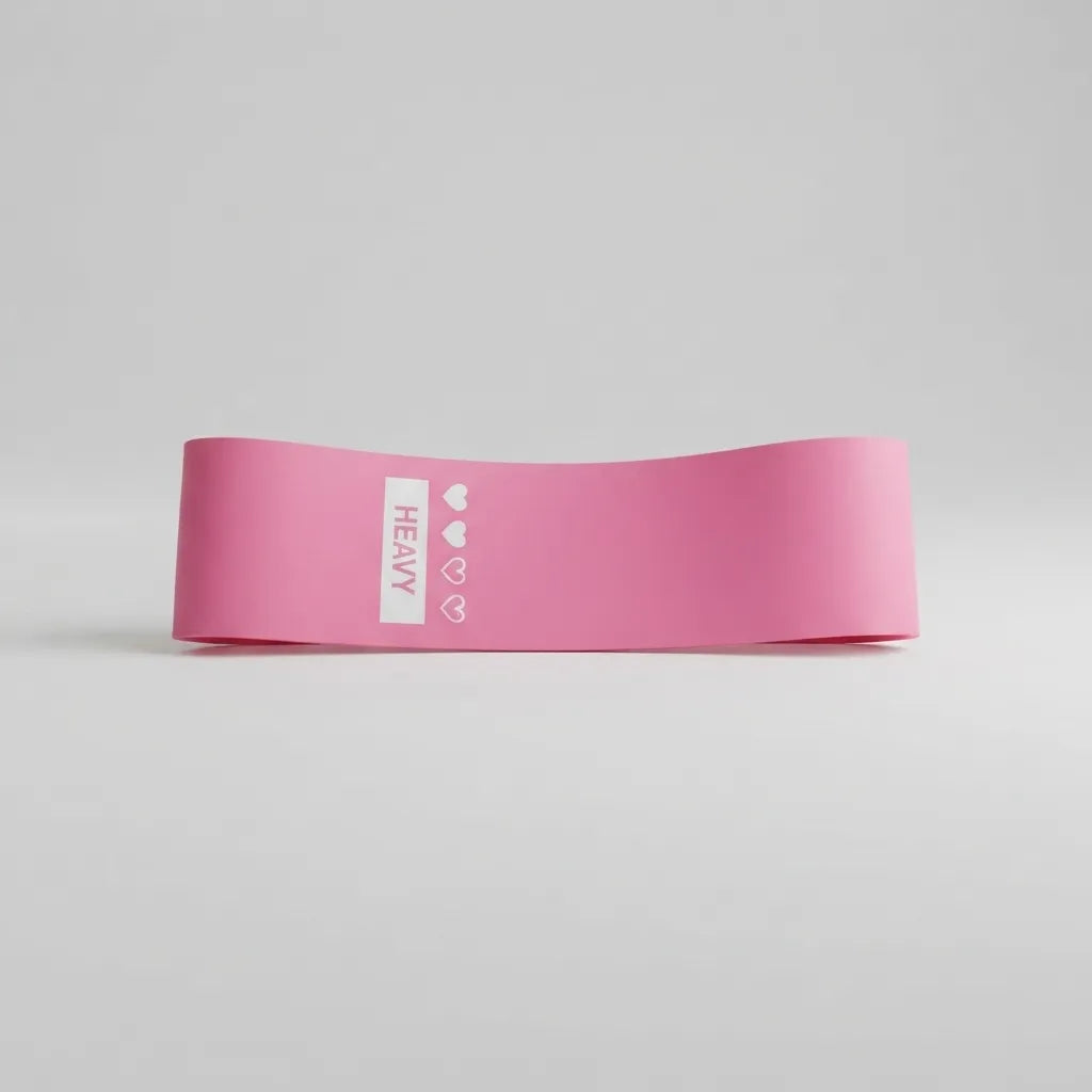 A pink resistance band with a white vertical label reading 'HEAVY' and small heart icons, photographed on a clean light gray studio background.