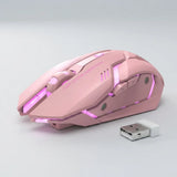 A pink gaming mouse with glowing purple LED accents and a small white USB receiver, photographed on a clean light gray studio background.