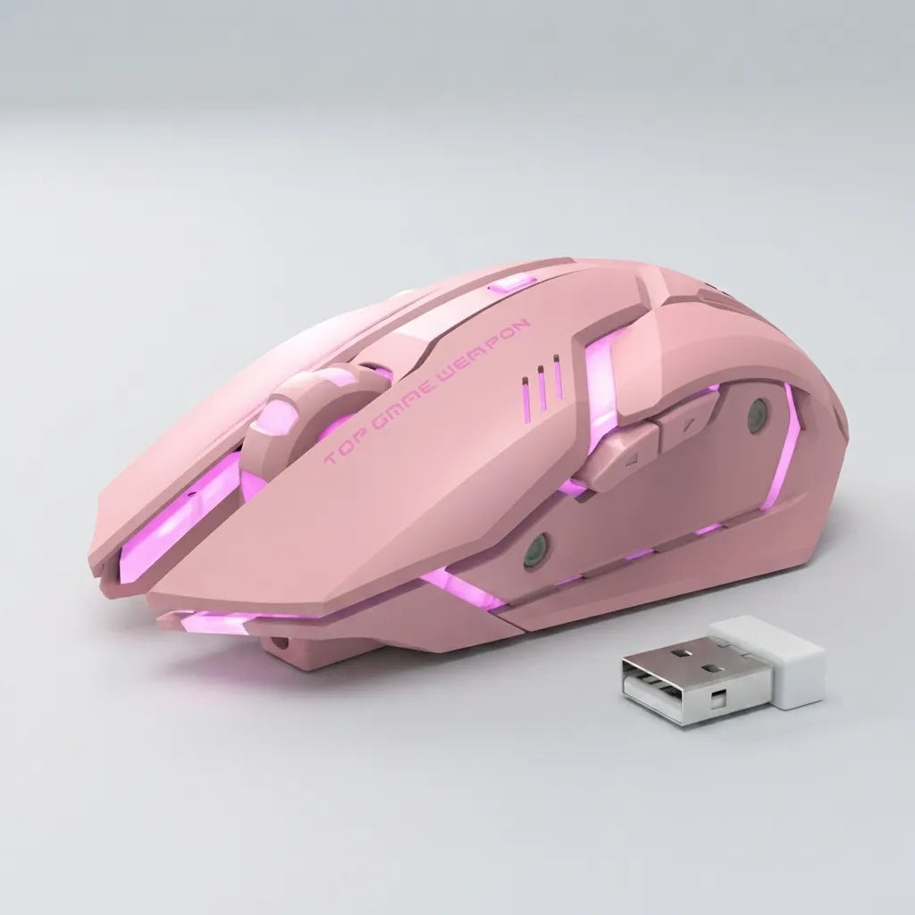 A pink gaming mouse with glowing purple LED accents and a small white USB receiver, photographed on a clean light gray studio background.