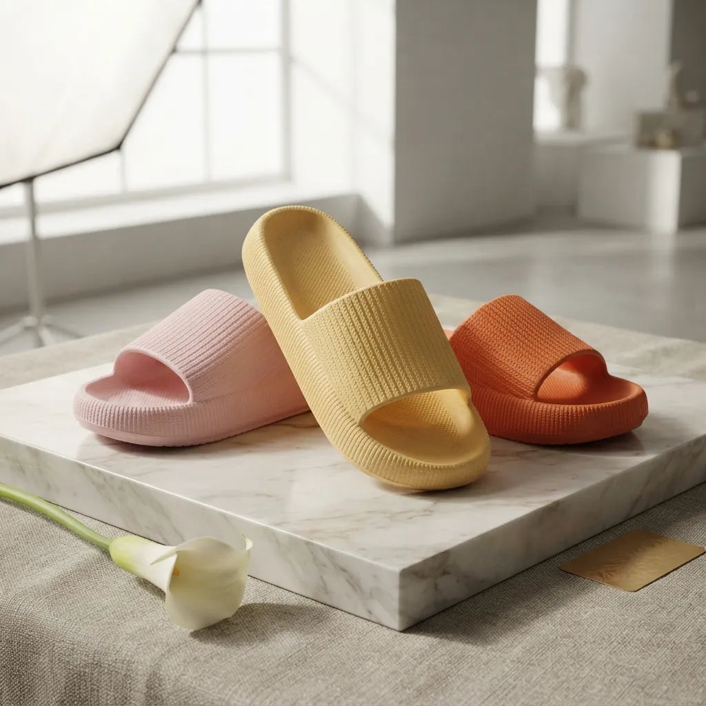 Three ribbed slide sandals in pastel pink, mustard yellow, and burnt orange arranged on a white marble slab in a bright, softly lit interior.